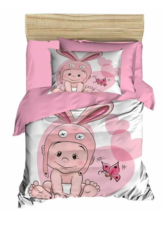 Dijital Baskılı 3D Bebek Nevresim Takımı Rabbit Baby Pembe