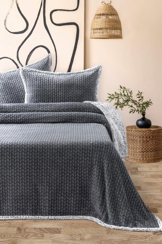 Vera All Day Peluş Çift Kişilik Yatak Örtüsü Gri