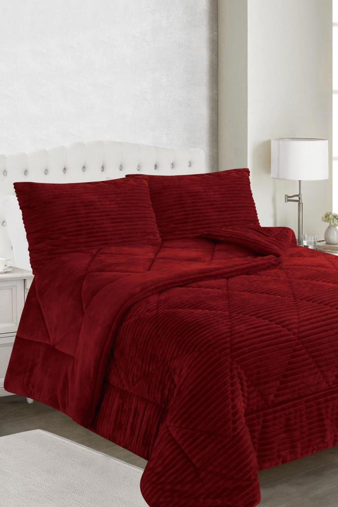 Ece Stripe Çift Kişilik Pelüş Yatak Örtüsü Bordo