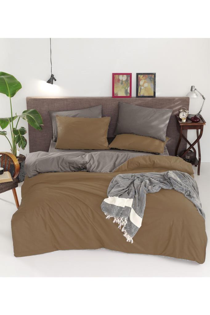 Natural Çift Taraflı Çift Kişilik Nevresim Takımı Kahve Gri