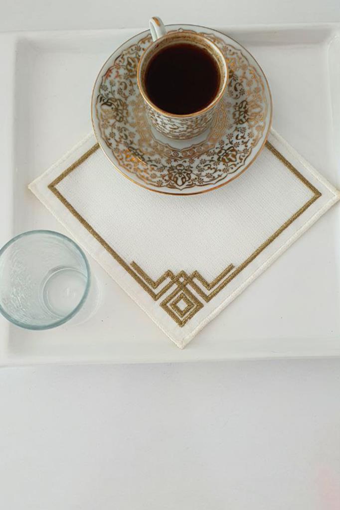 Köşe Nakışlı Keten Kare Bardak Altlığı Seti 6 Lı Kahve