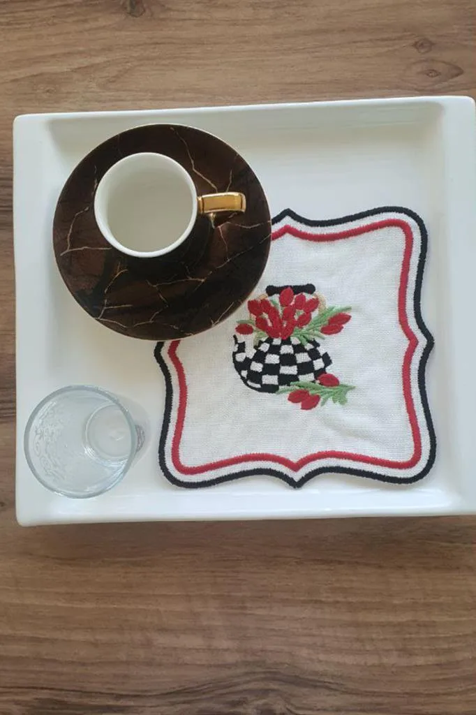 Çaycım Nakışlı Keten Kare Bardak Altlığı Seti 6 Lı
