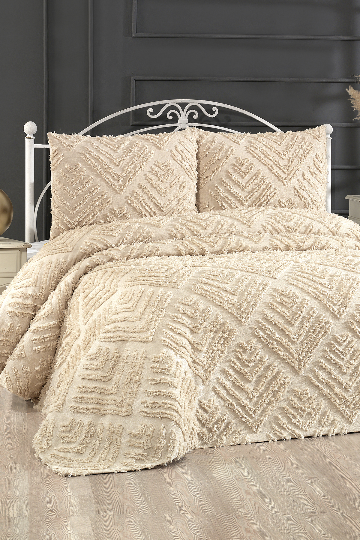 Çeyiz Diyarı Pine 3 Parça Çift Kişilik Pike Takımı Bej