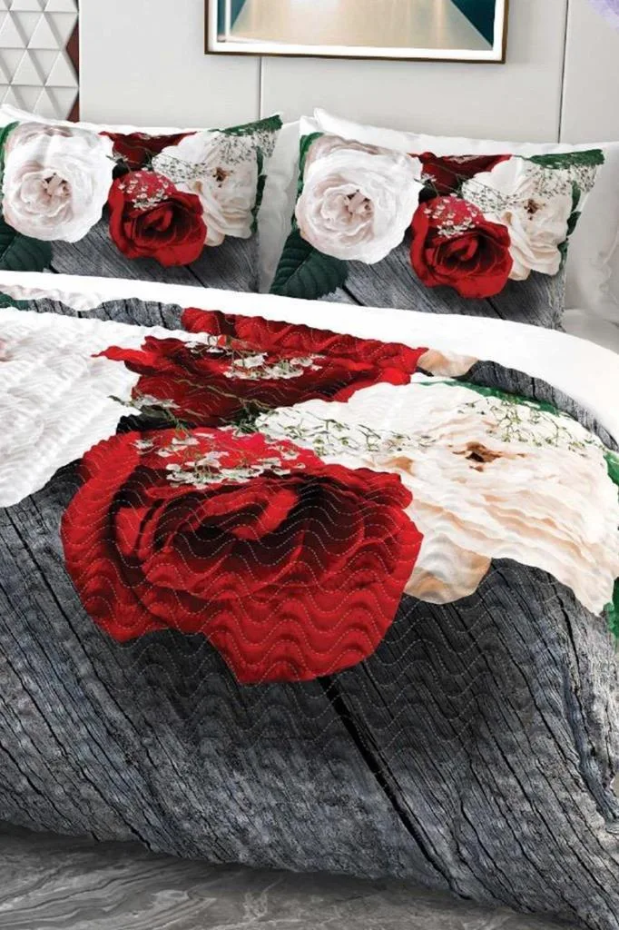 Mikro Saten 3D Dijital Baskılı Dört Mevsim Çift Kişilik Nevresim Takımı – Beyaz Gül