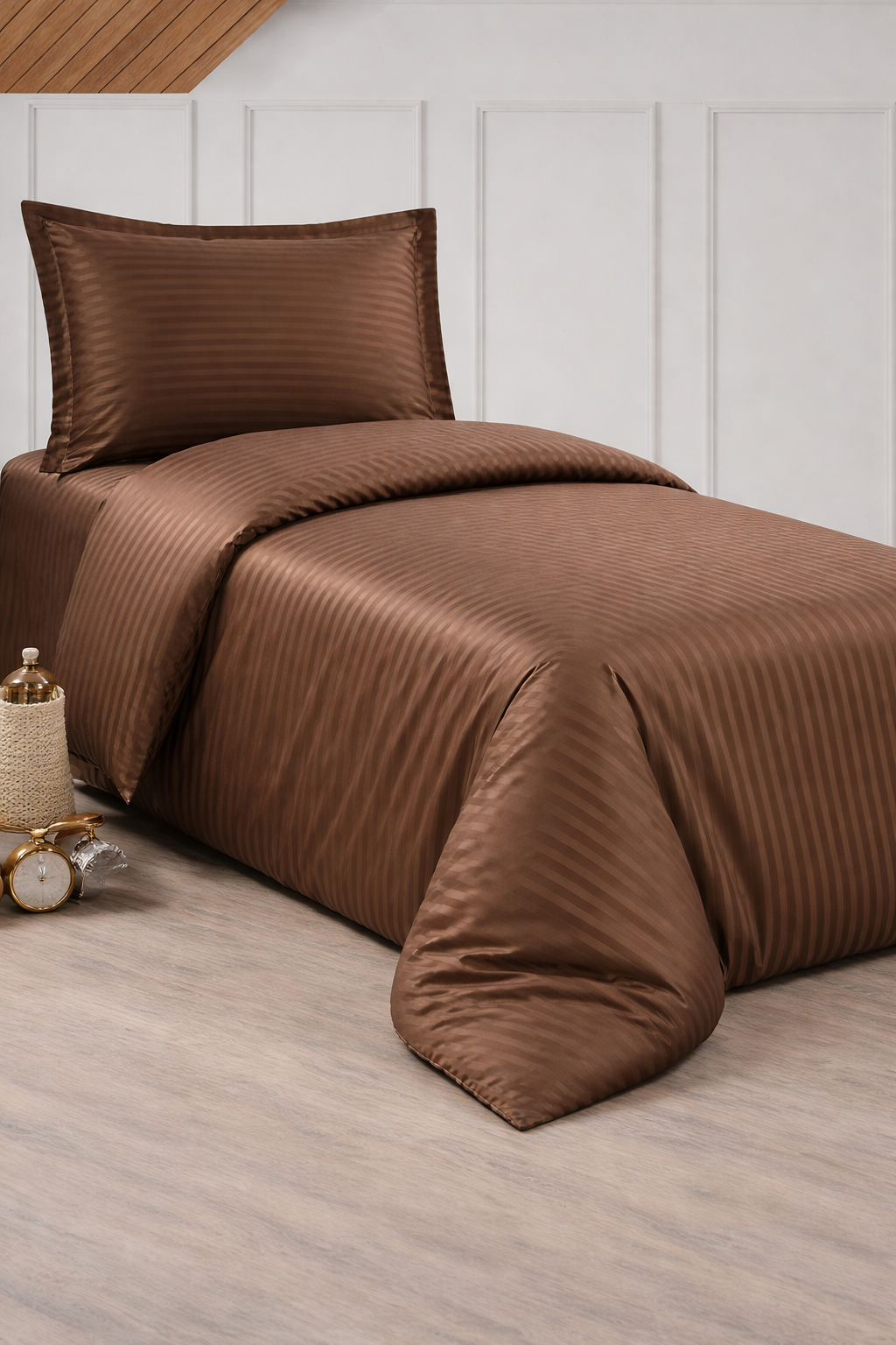 Çeyiz Diyarı Stripe Tek Kişilik PollySaten Nevresim Takımı Cappucino