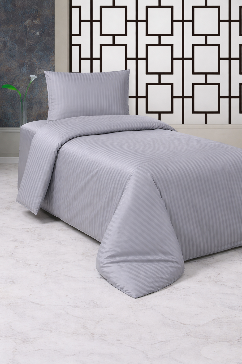 Çeyiz Diyarı Stripe Tek Kişilik PollySaten Nevresim Takımı Gri