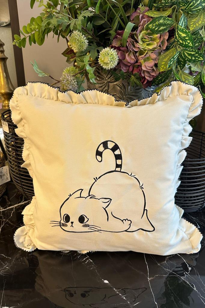 Kedicik Lüx Nakışlı Keten Kırlent Kılıfı 45x45 cm