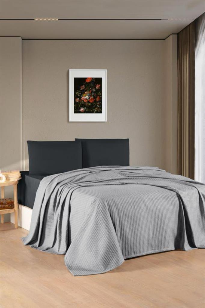 Kristal Bamboo Lastikli Çarşaflı Çift Kişilik Pike Takımı Gri