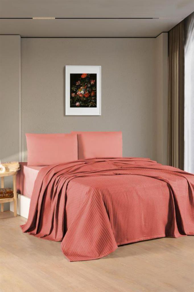 Kristal Bamboo Lastikli Çarşaflı Çift Kişilik Pike Takımı Kiremit
