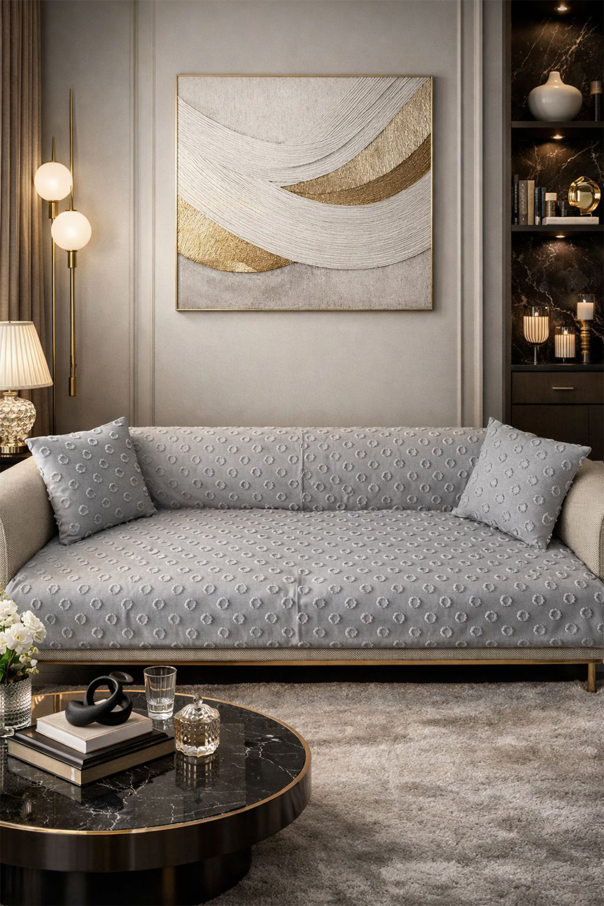 Konik Kırlent Kılıfı Hediyeli 170x210 cm Pamuklu Koltuk Örtüsü Gri