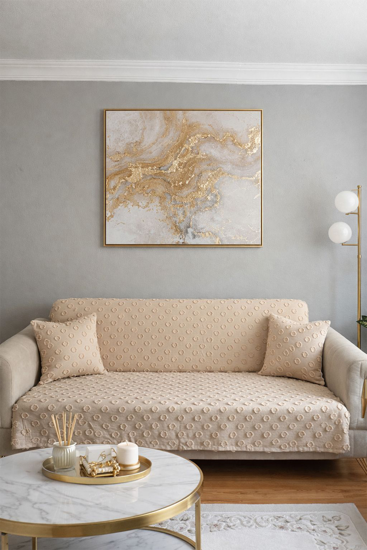 Konik Kırlent Kılıfı Hediyeli 170x210 cm Pamuklu Koltuk Örtüsü Bej