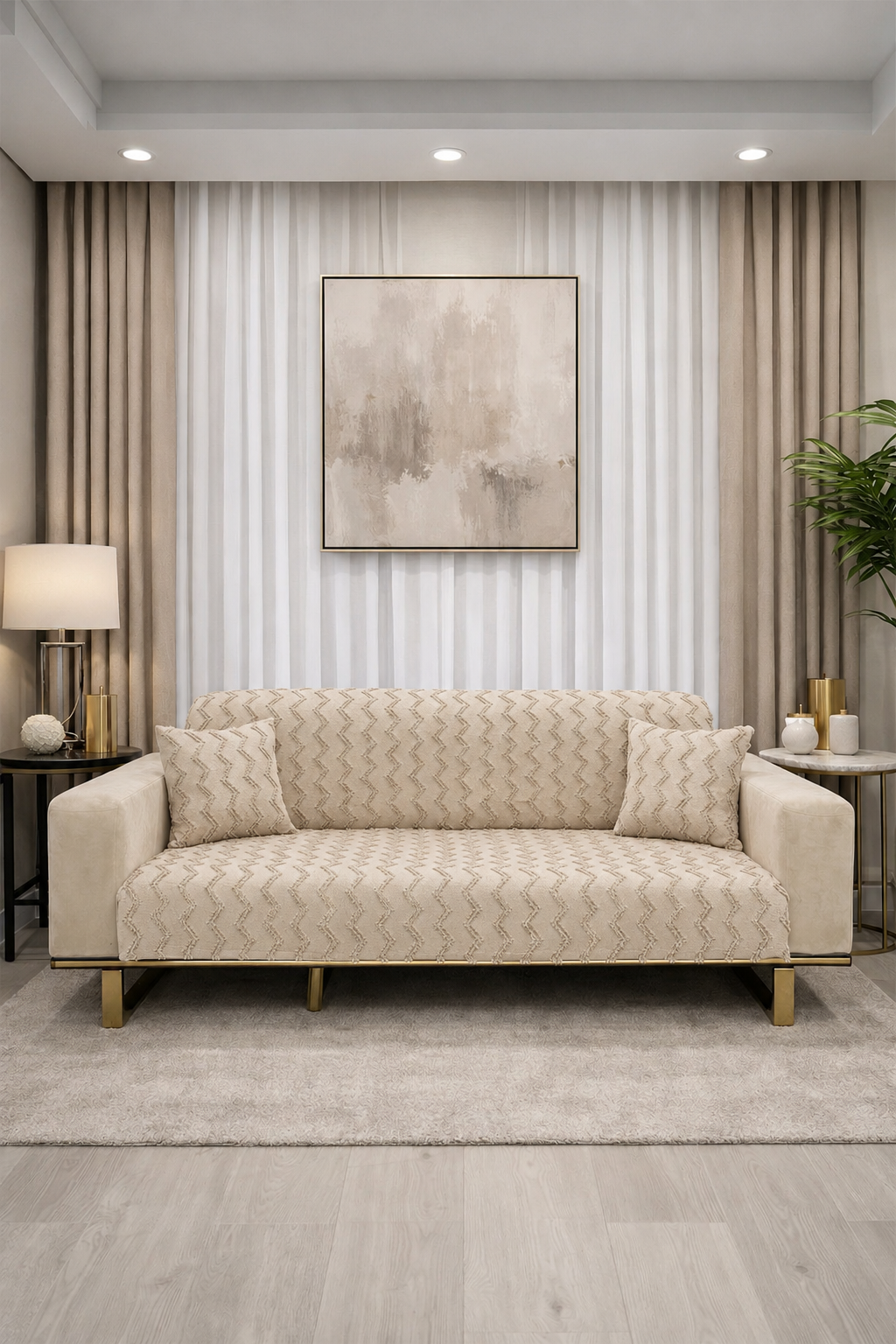 Lumpa Kırlent Kılıfı Hediyeli 170x210 cm Pamuklu Koltuk Örtüsü Bej
