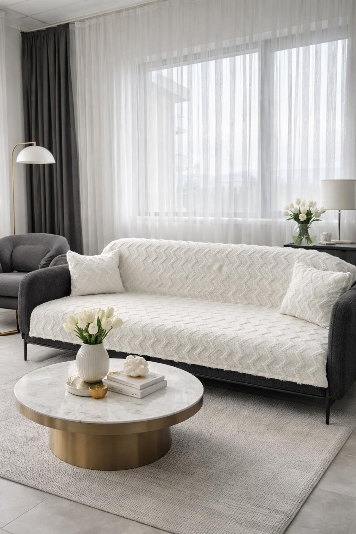 Lumpa Kırlent Kılıfı Hediyeli 170x210 cm Pamuklu Koltuk Örtüsü Krem