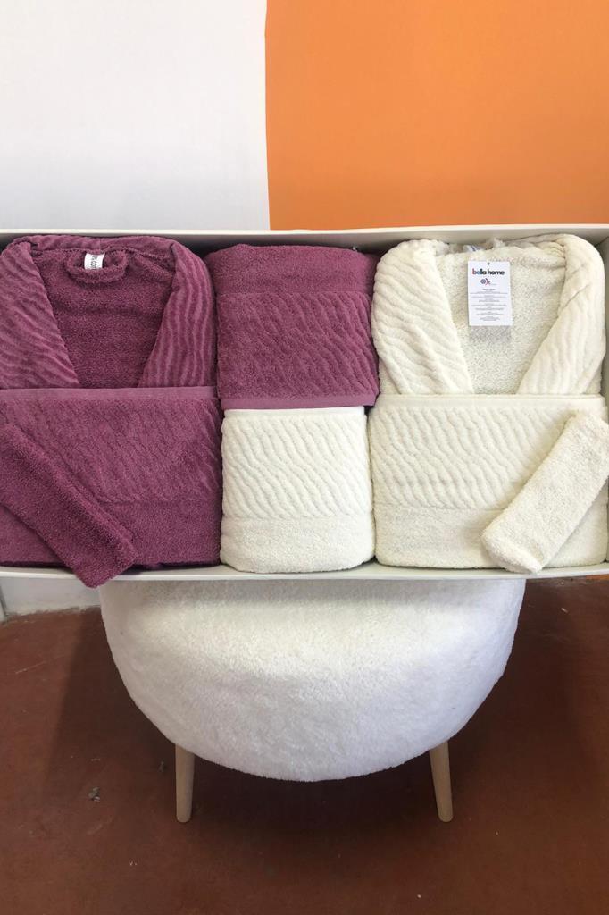 Zebra 8 Parça Aile Bornoz Takımı Mürdüm - Krem