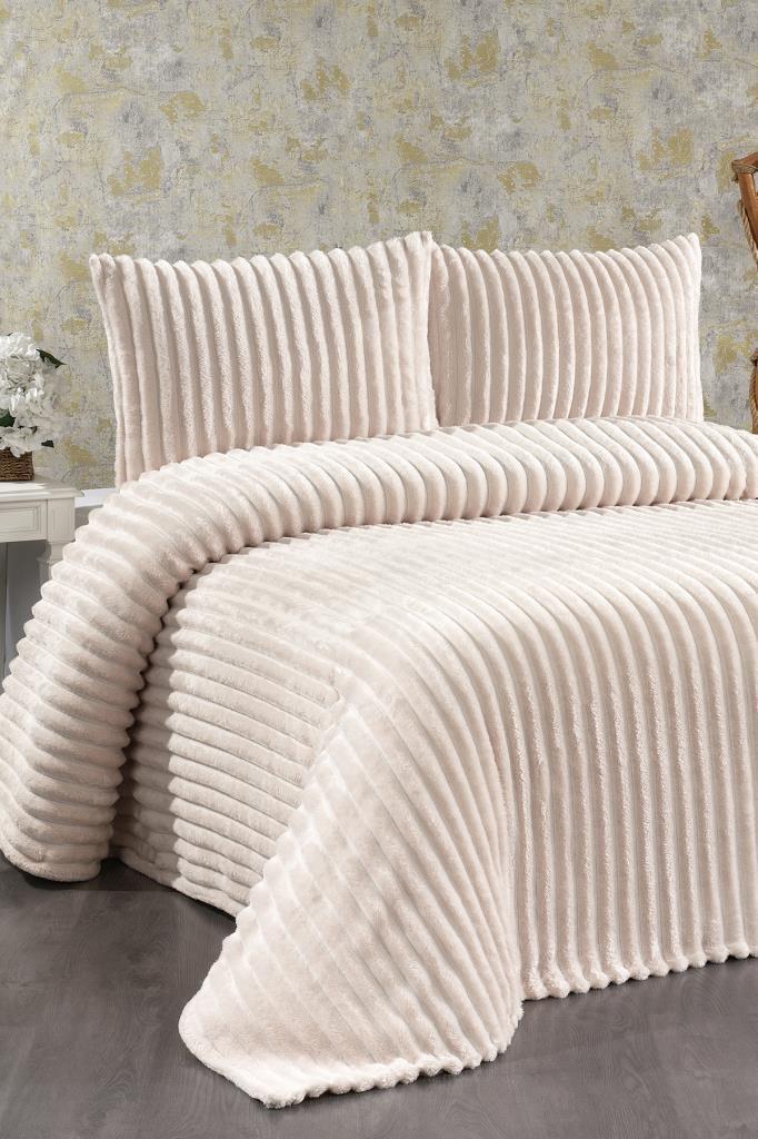 Granada Peluş Çift Kişilik Yatak Örtüsü Krem