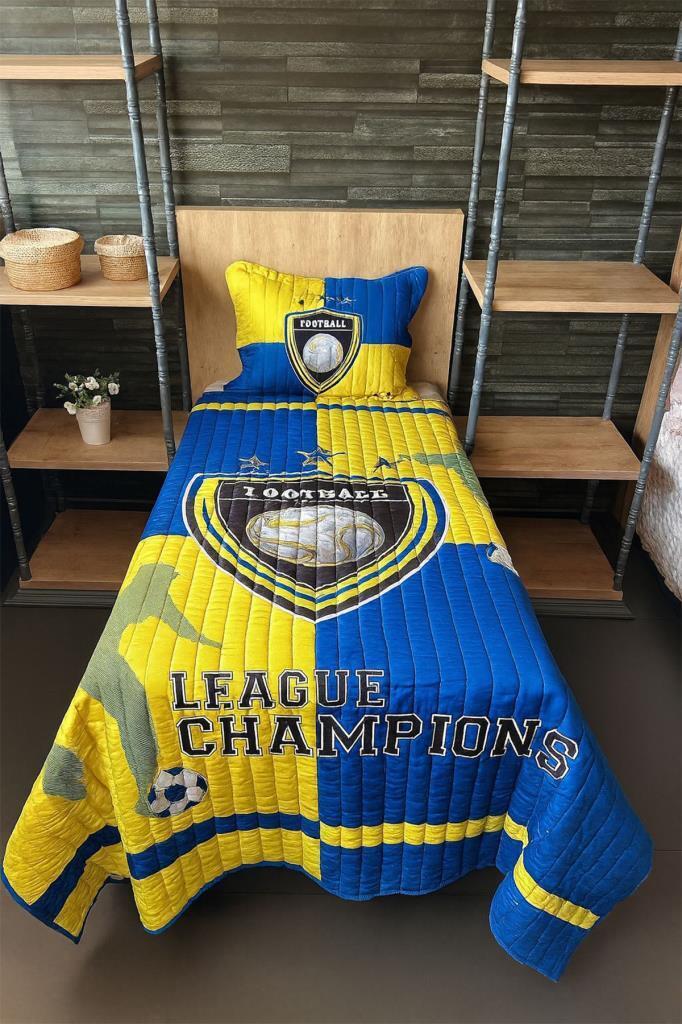 Football Tek Kişilik Kapitoneli Yatak Örtüsü Sarı Lacivert 180x240 cm