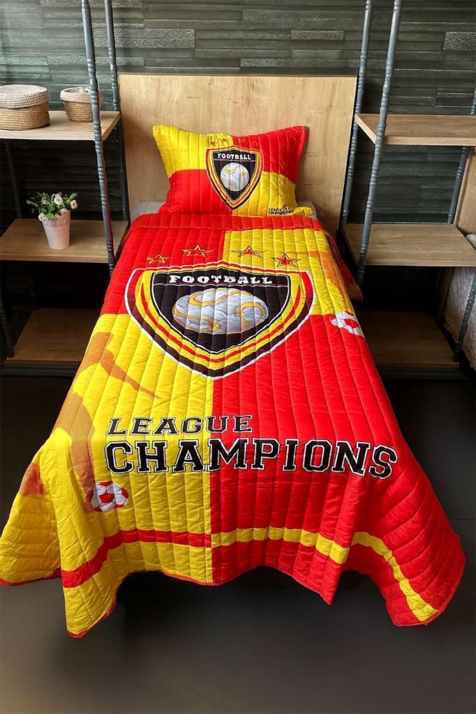 Football Tek Kişilik Kapitoneli Yatak Örtüsü Sarı Kırmızı 180x240 cm