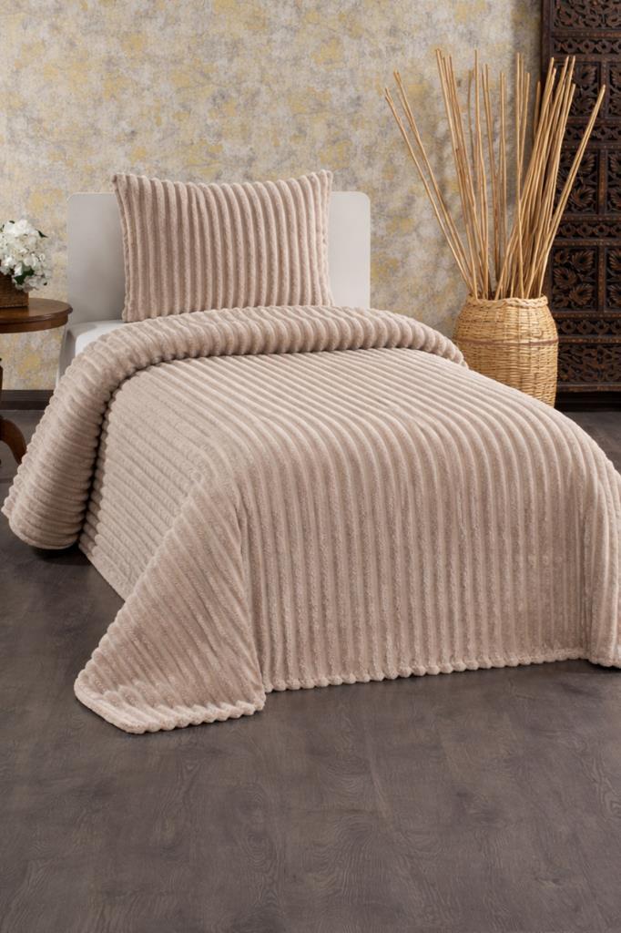 Granada Peluş Tek Kişilik Yatak Örtüsü Bej