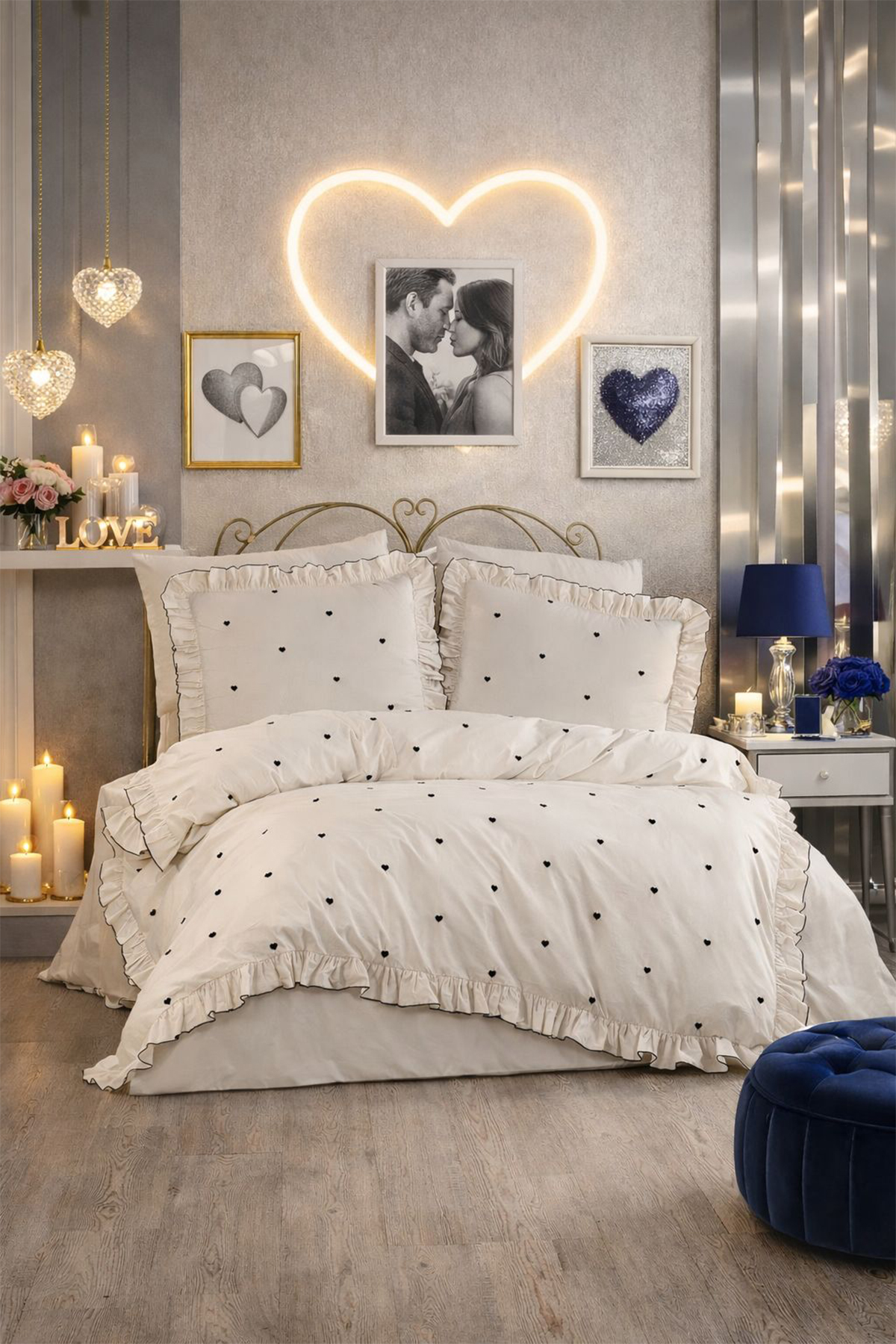 Valentine Love Nakışlı 6 Parça Nevresim Takımı Lacivert