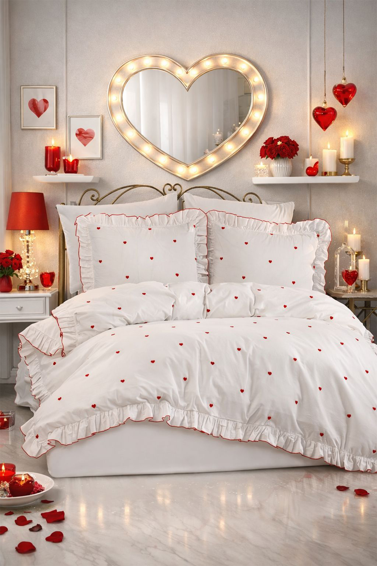Valentine Love Nakışlı 6 Parça Nevresim Takımı Kırmızı