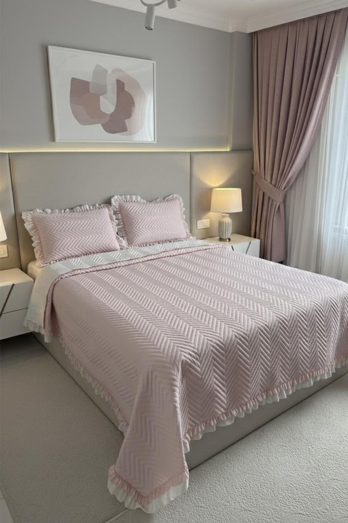 Gonca Çift Taraflı Çift Kişilik Yatak Örtüsü 230x250 Pudra