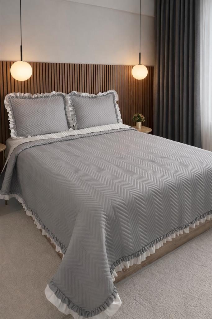 Gonca Çift Taraflı Çift Kişilik Yatak Örtüsü 230x250 Gri