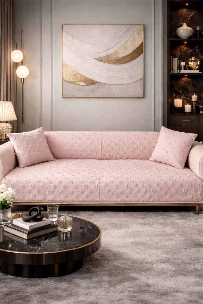 Konik Kırlent Kılıfı Hediyeli 170x210 cm Pamuklu Koltuk Örtüsü Pudra