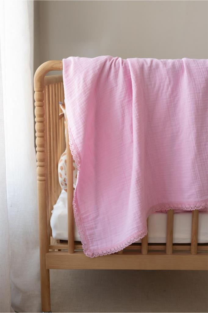 Pamuklu Kenarı Fistolu Bebek Battaniyesi 80x100 Cm Pembe