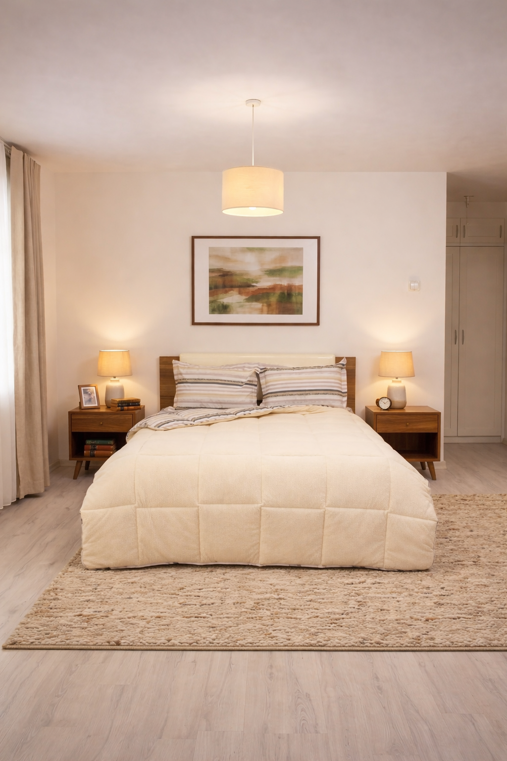 Sherpa Peluş Çift Kişilik Lastikli Çarşaflı Comforter Set Krem