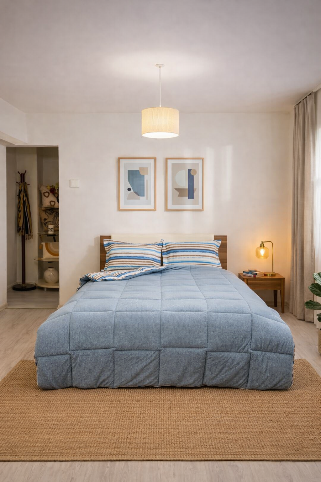 Sherpa Peluş Çift Kişilik Lastikli Çarşaflı Comforter Set Mavi