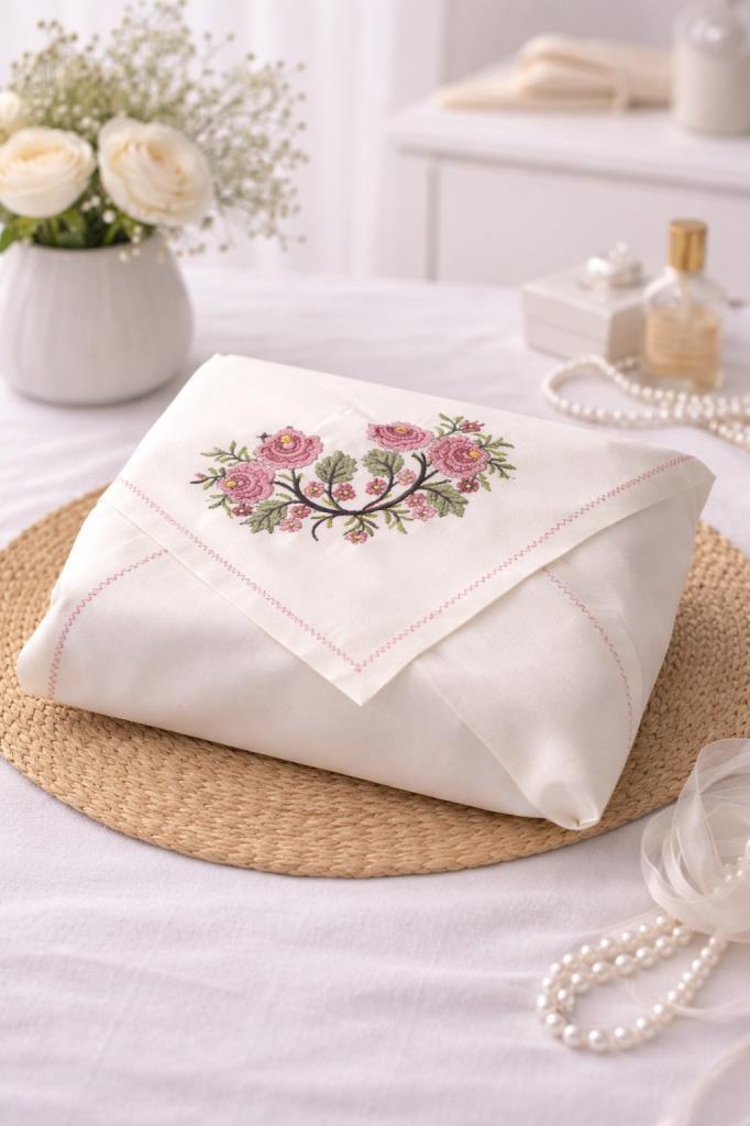 Kanaviçe İşlemeli Gardenya 90x90 cm Tek Bohça Pembe