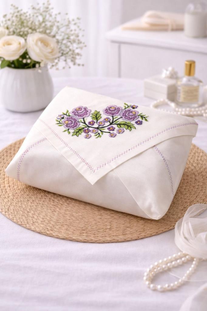 Kanaviçe İşlemeli Gardenya 90x90 cm Tek Bohça Lila