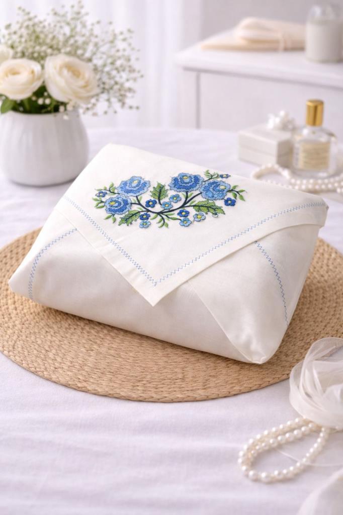 Kanaviçe İşlemeli Gardenya 90x90 cm Tek Bohça Mavi