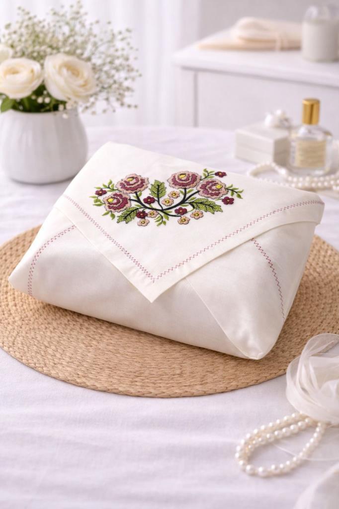 Kanaviçe İşlemeli Gardenya 90x90 cm Tek Bohça Kahverengi