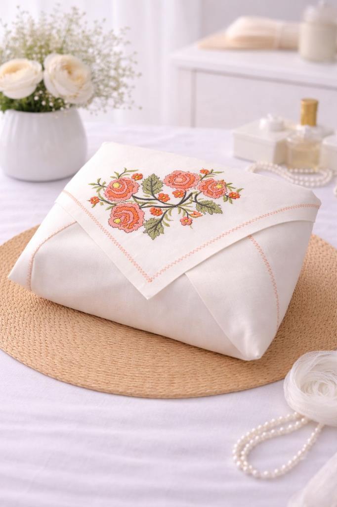Kanaviçe İşlemeli Gardenya 90x90 cm Tek Bohça Turuncu