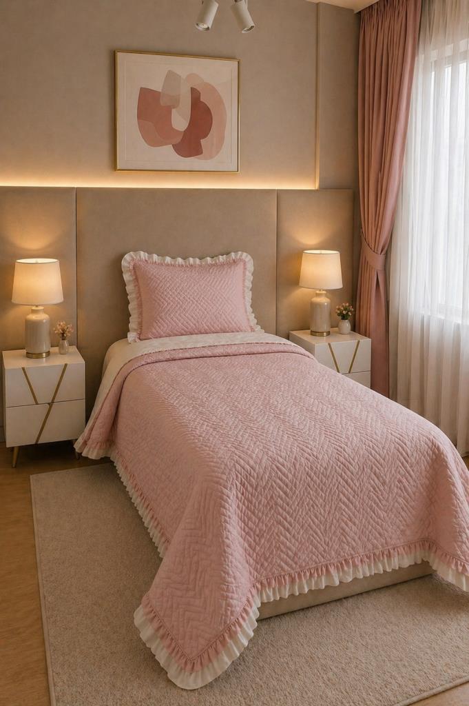 Gonca Çift Taraflı Tek Kişilik Yatak Örtüsü 180x240 Pudra