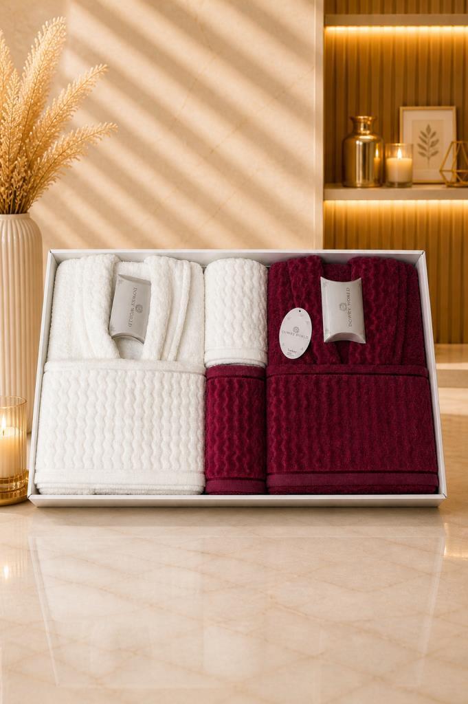 Nuvia 8 Parça Aile Bornoz Takımı Krem - Bordo