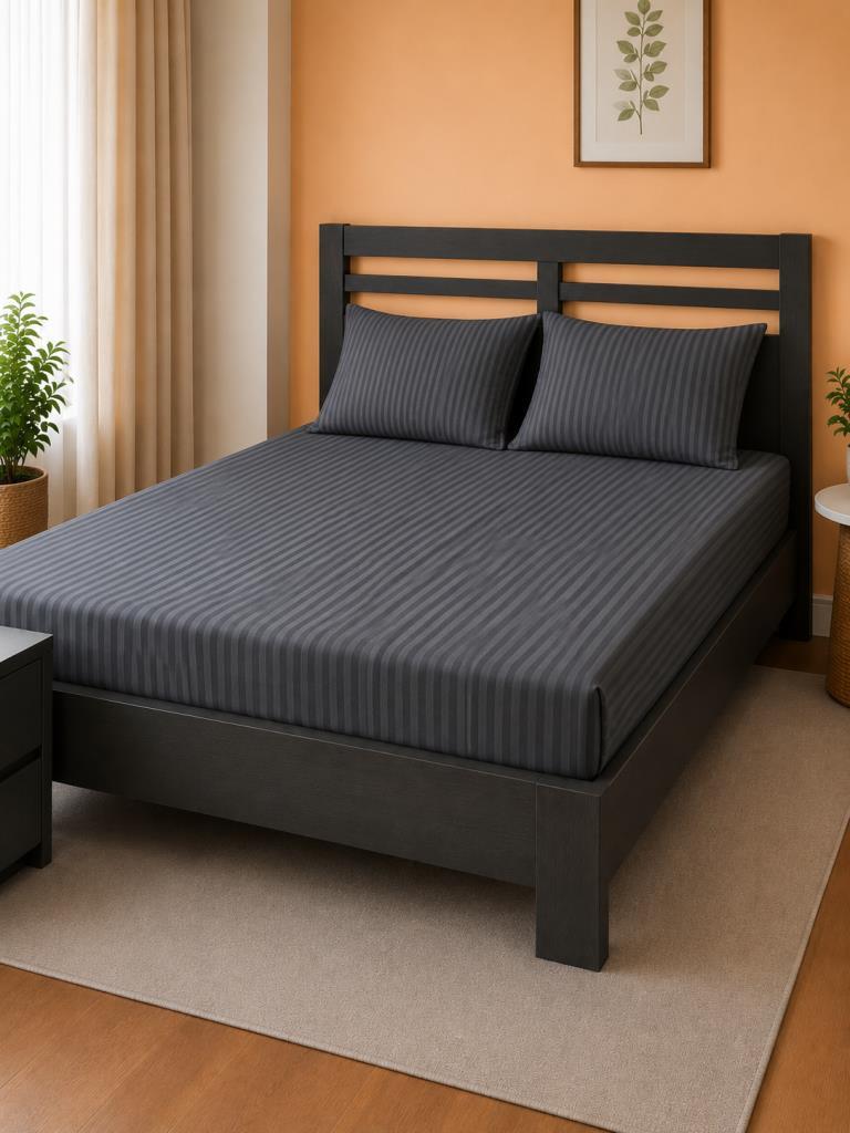 Bella Çizgili Saten Çift Kişilik 160x200 cm Lastikli Çarşaf Takımı Gri