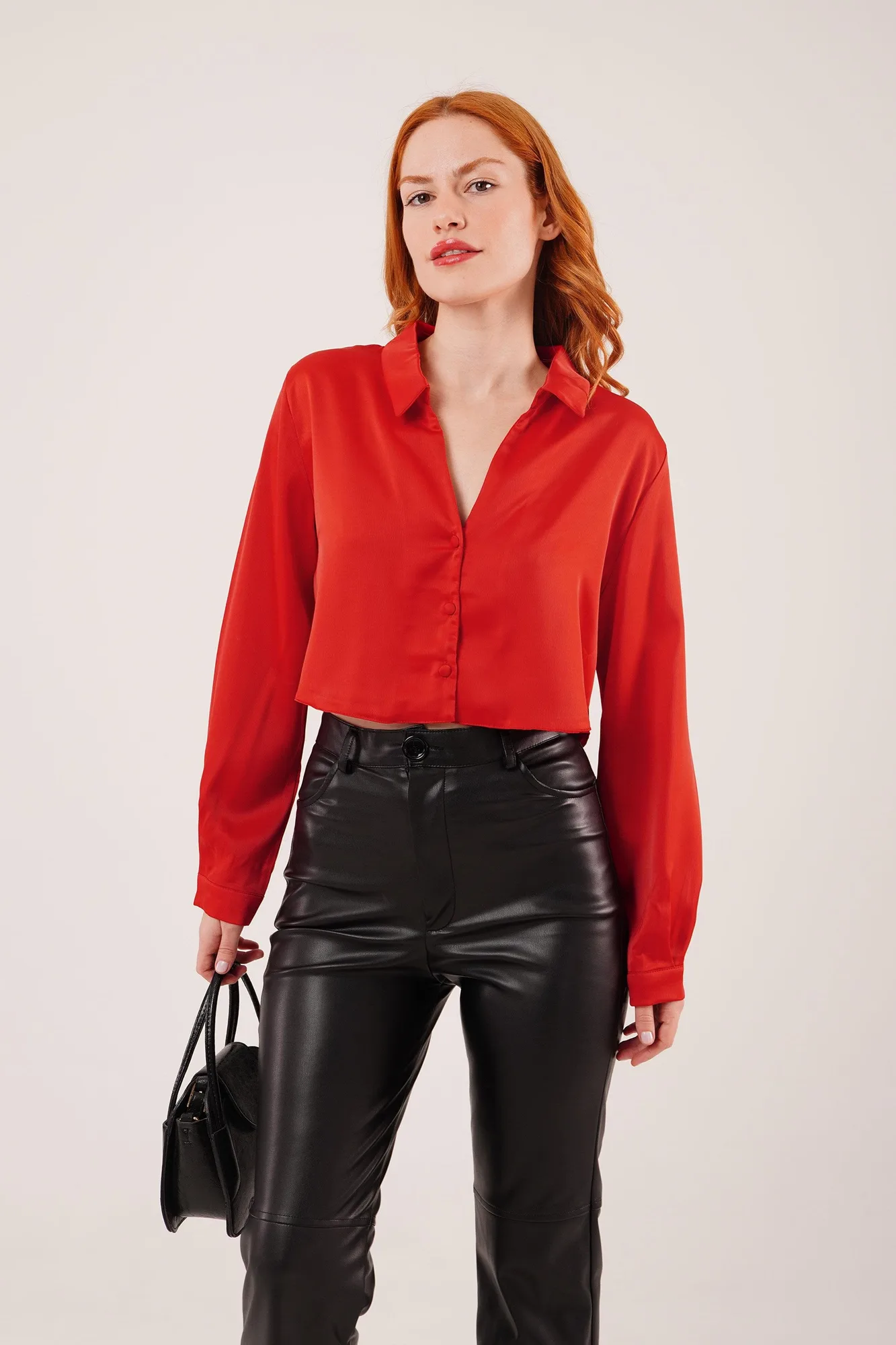 Saten Crop Model Toptan Kırmızı Gömlek - Kırmızı – Kırmızı, S
