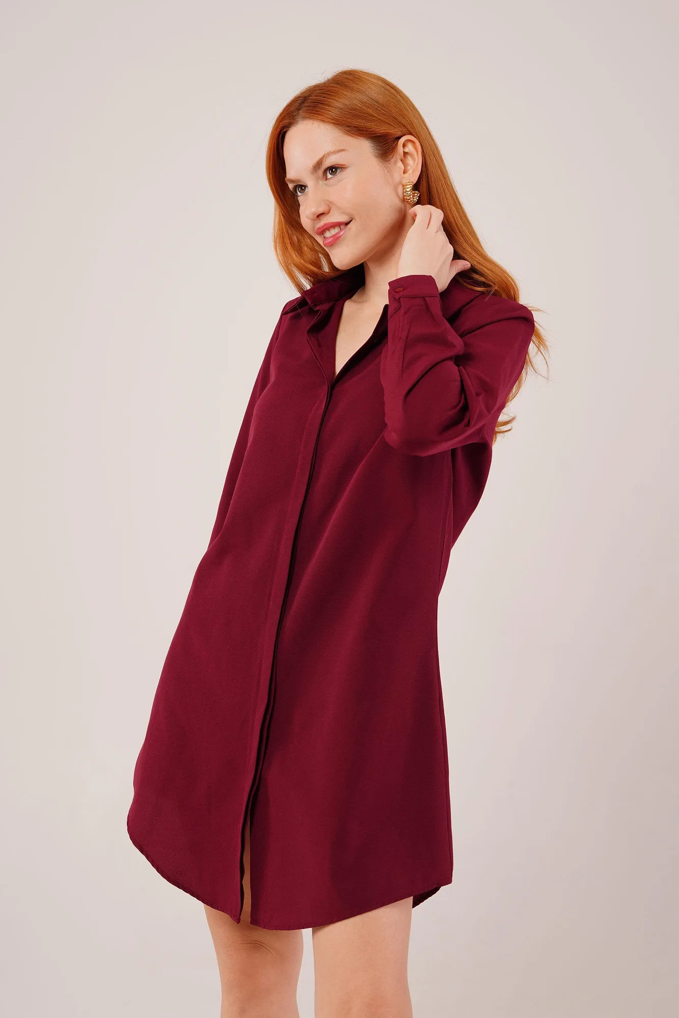 Uzun Kollu Bordo Tunik Toptan Gömlek Elbise - Bordo – Bordo, S
