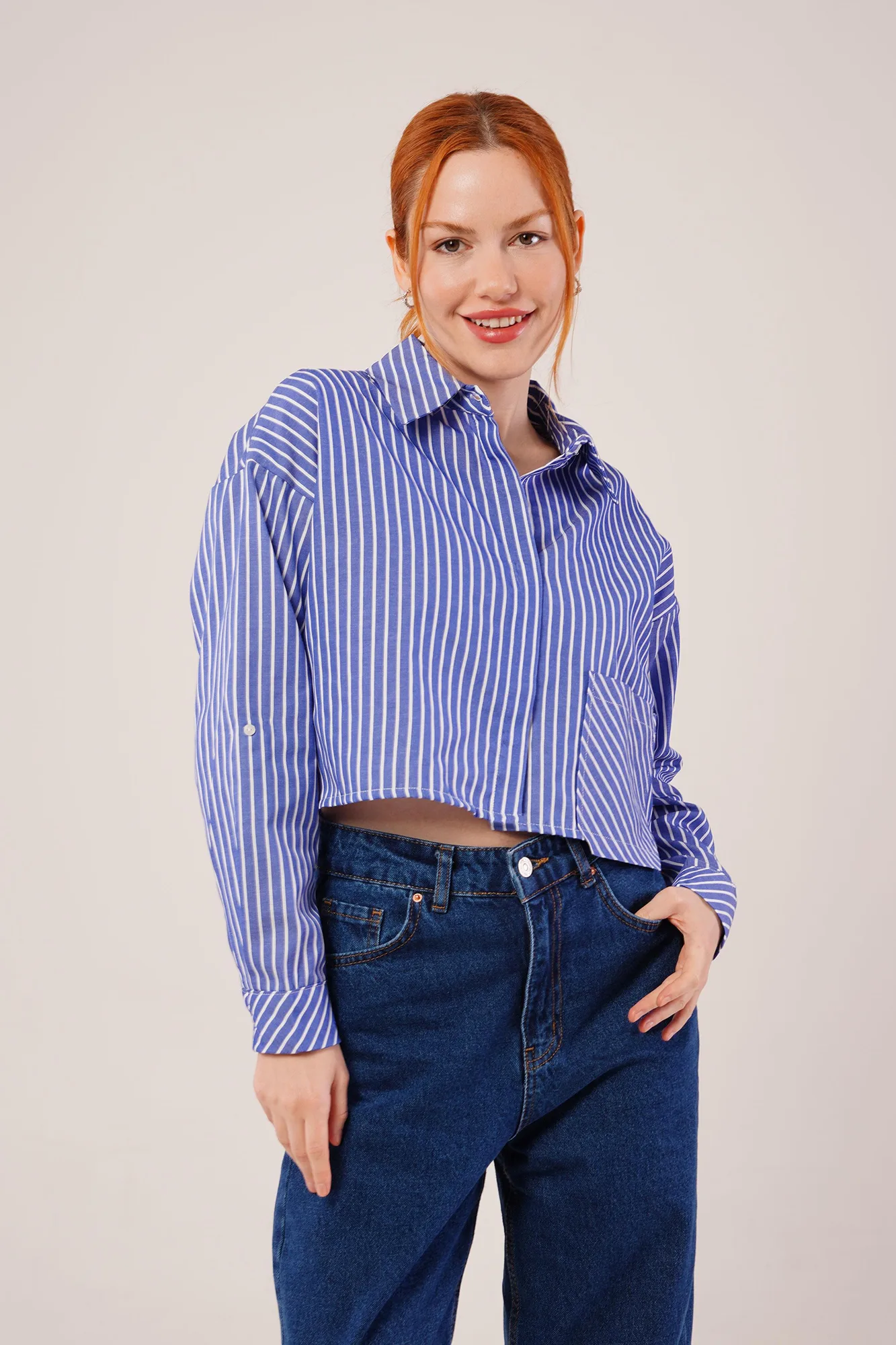Crop Model Cepli Ve Çizgili Mavi Toptan Gömlek - Mavi – Mavi, S
