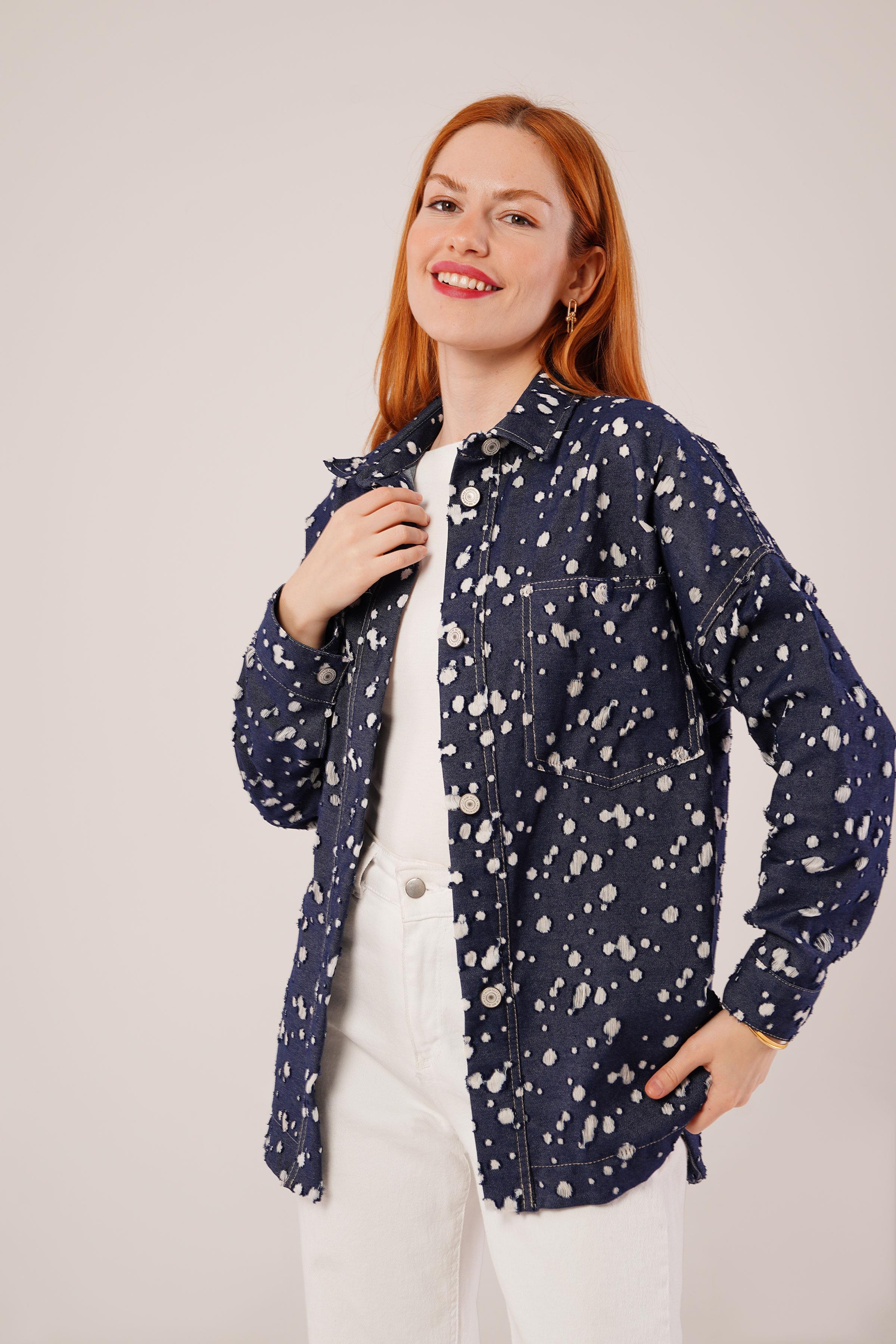 Eskitme Görünümlü Denim Toptan Mavi Gömlek - Mavi