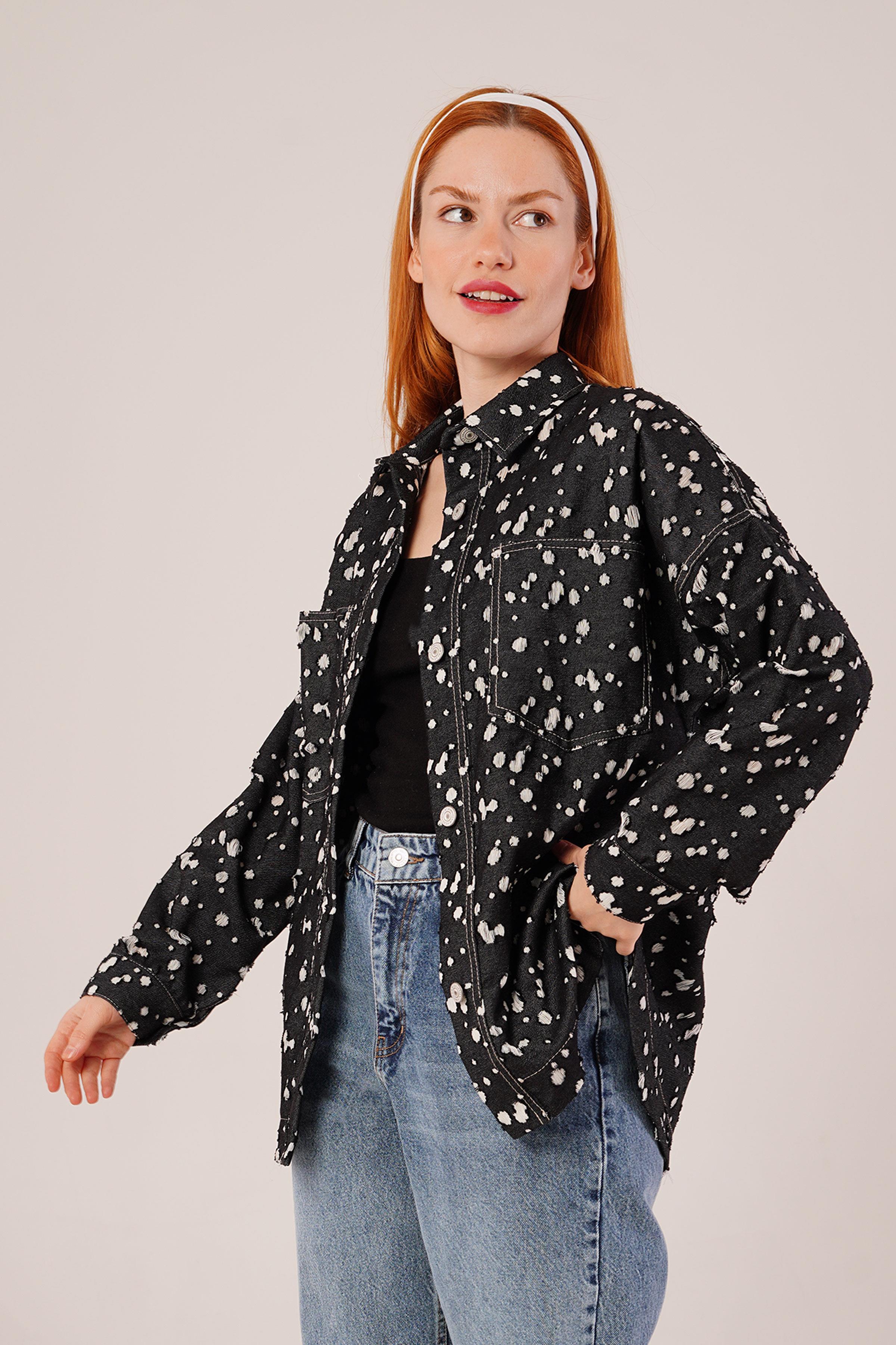Eskitme Görünümlü Denim Toptan Siyah Gömlek - Siyah