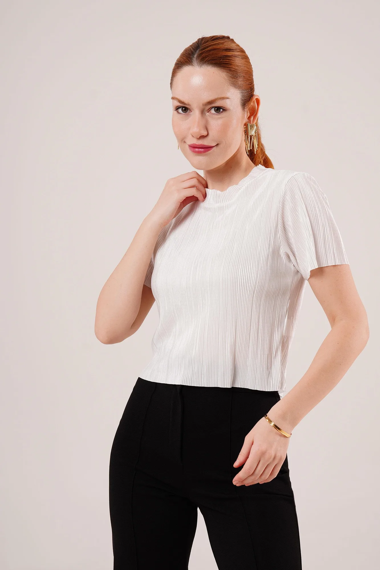 Fitilli Kısa Kollu Parlak Toptan Beyaz Bluz - Beyaz – Beyaz, S