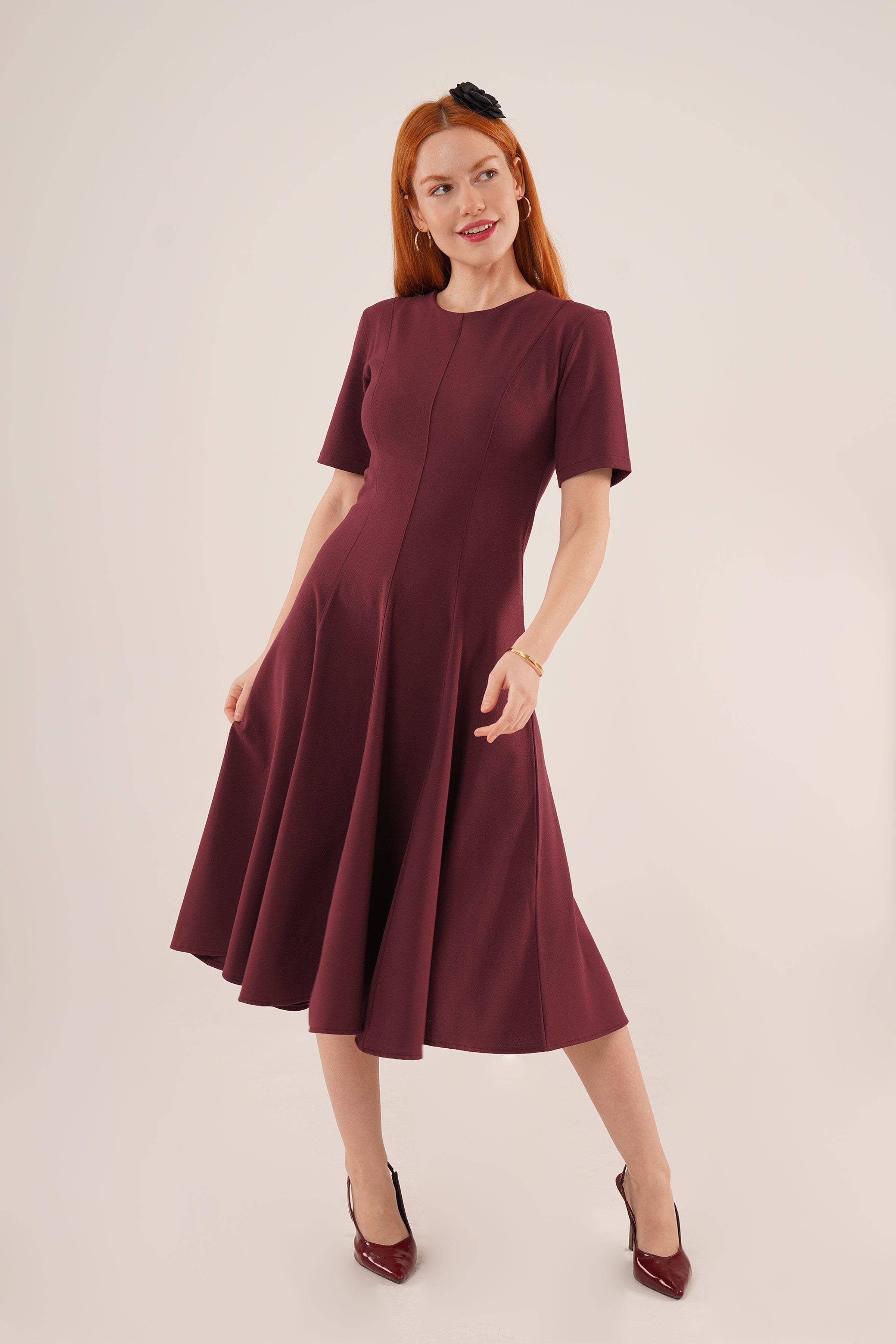 Dikiş Detaylı Kısa Kollu Toptan Bordo Uzun Elbise - Bordo – Bordo, S