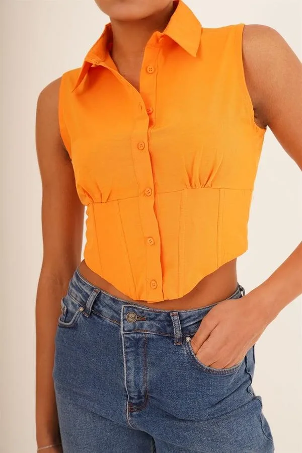 Korse Detay Kısa Kollu Toptan Oranj Gömlek - Oranj – Oranj, S