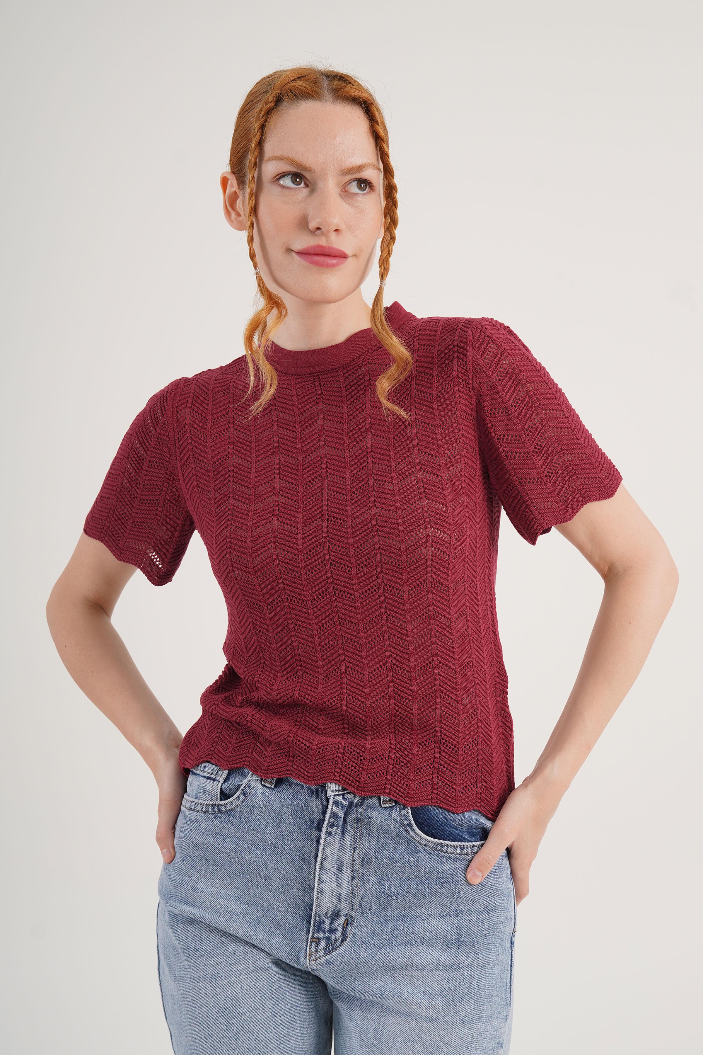 Örgü Model Kısa Kol Toptan Bordo Triko Bluz - Bordo