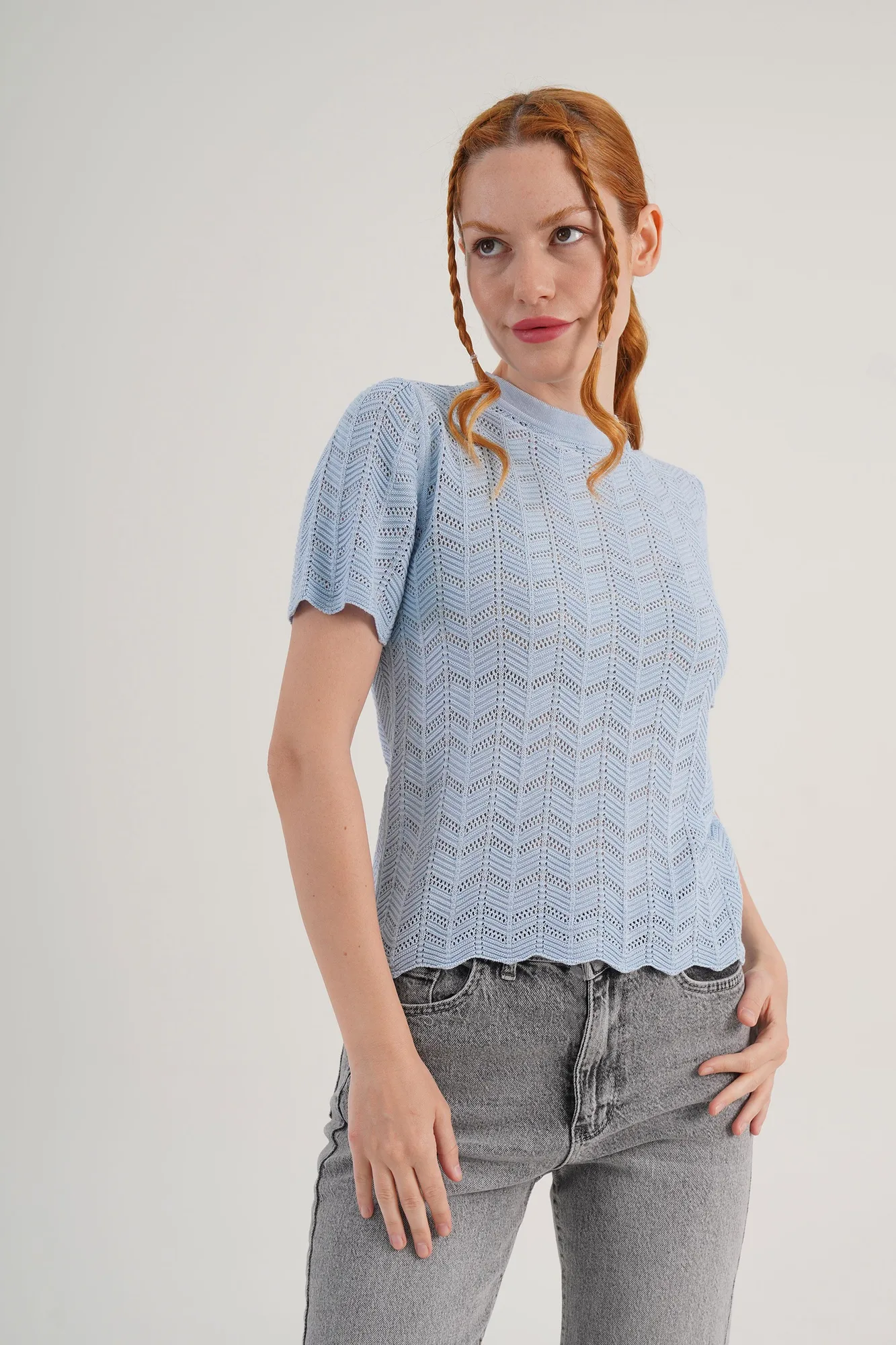 Örgü Model Kısa Kol Toptan Bebe Mavisi Triko Bluz - Bebe Mavi