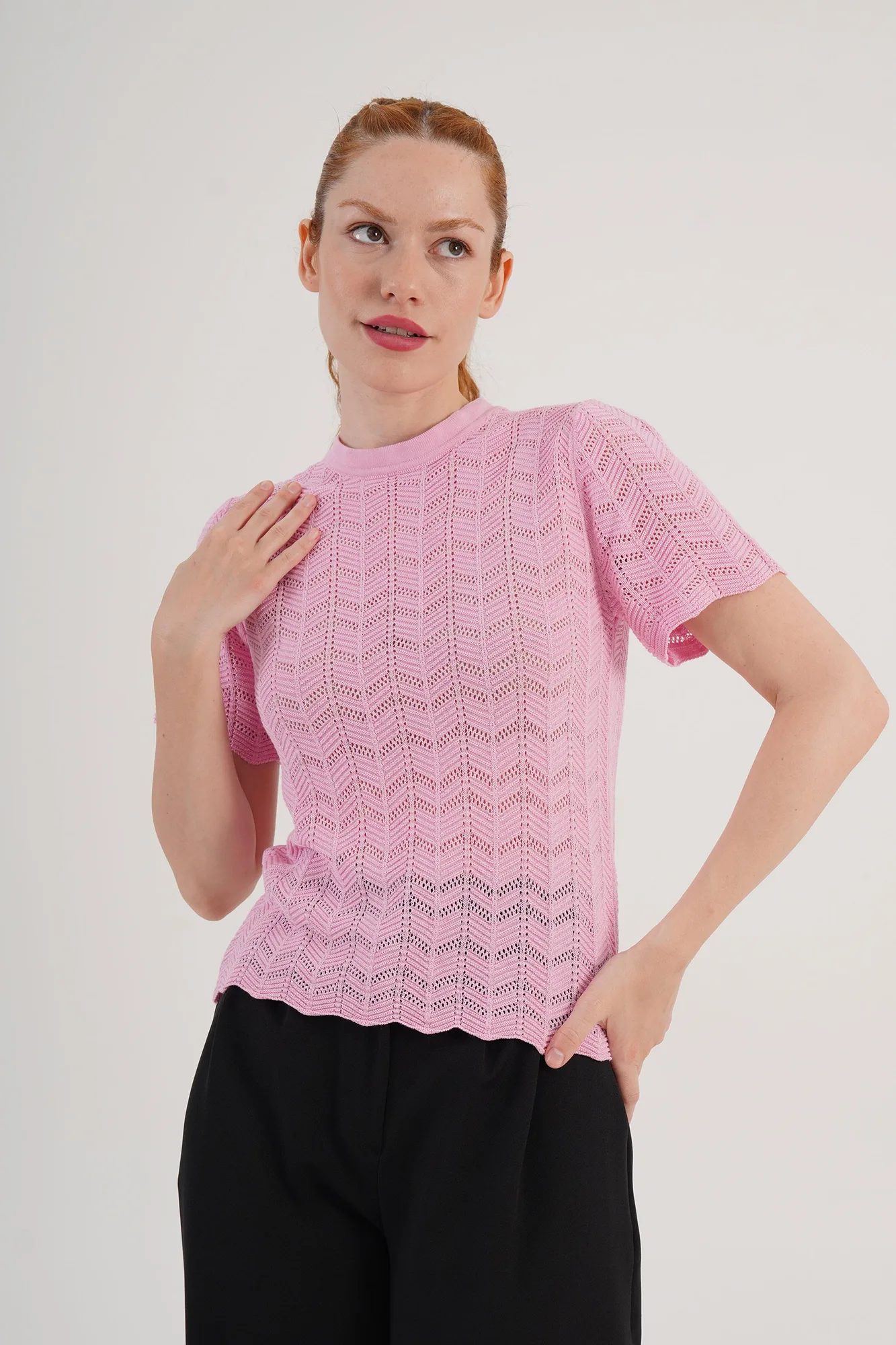 Örgü Model Kısa Kol Toptan Pembe Triko Bluz - Pembe