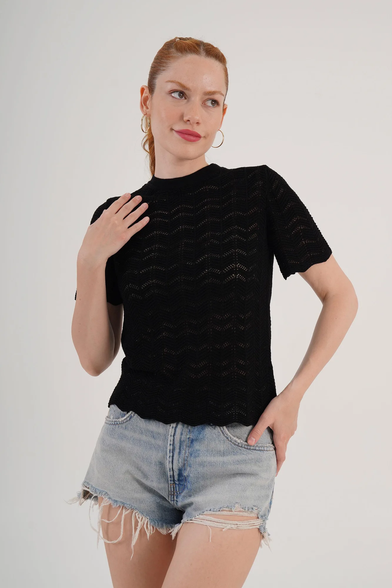 Örgü Model Kısa Kol Toptan Siyah Triko Bluz - Siyah